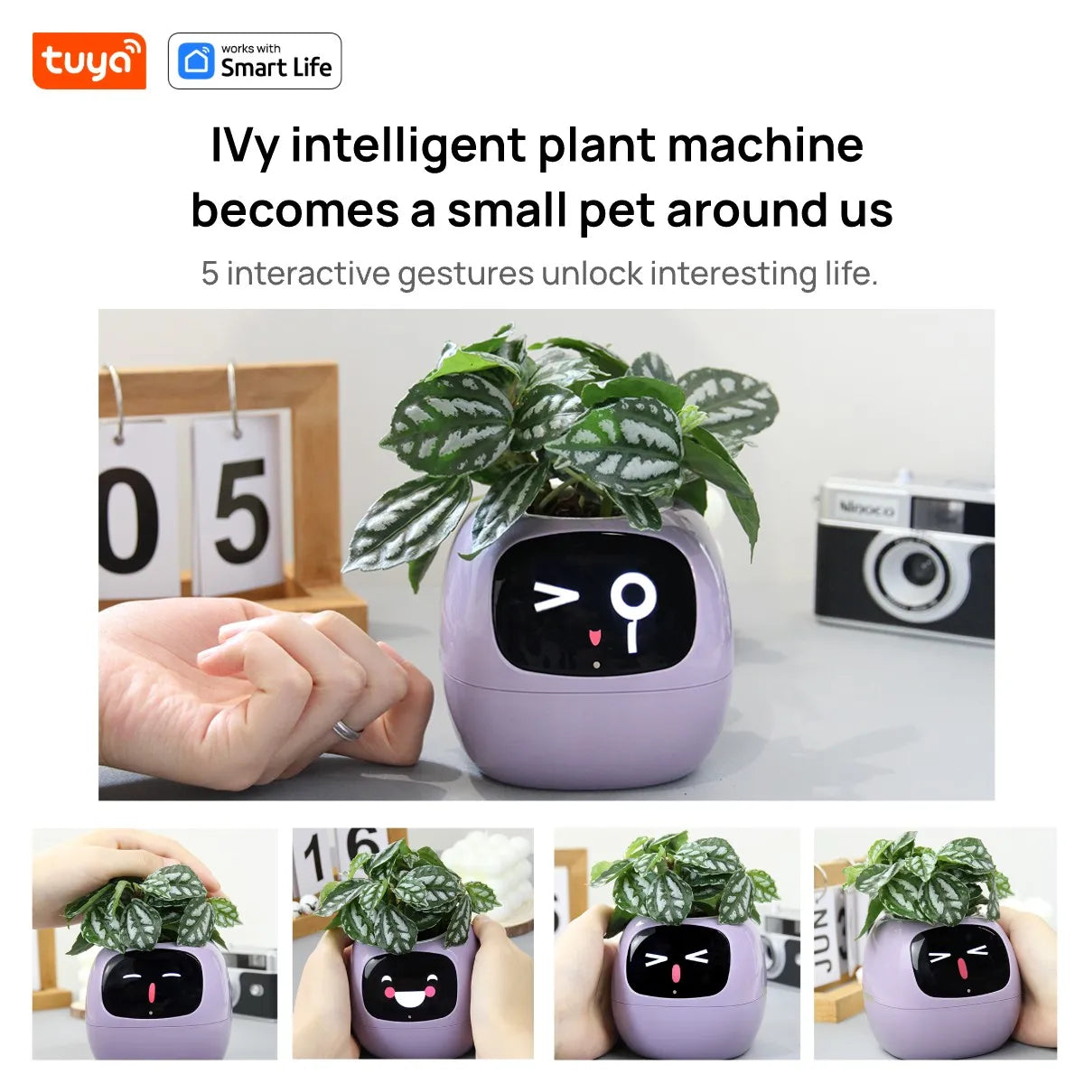 Yellow Tuya Ivy Smart Planter,Endless Fun over 49 Rich Expressions,7 Smart Sensors and AI Chips Make Raising Plants Easy and Fun