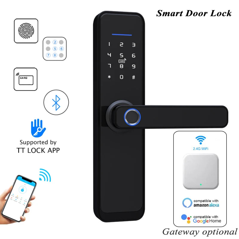 Smart Door Lock Fingerprint Lock Electronic Digital Lock Bluetooth Wifi Gateway Ttlock Remote Wooden Door Lock Alexa Google